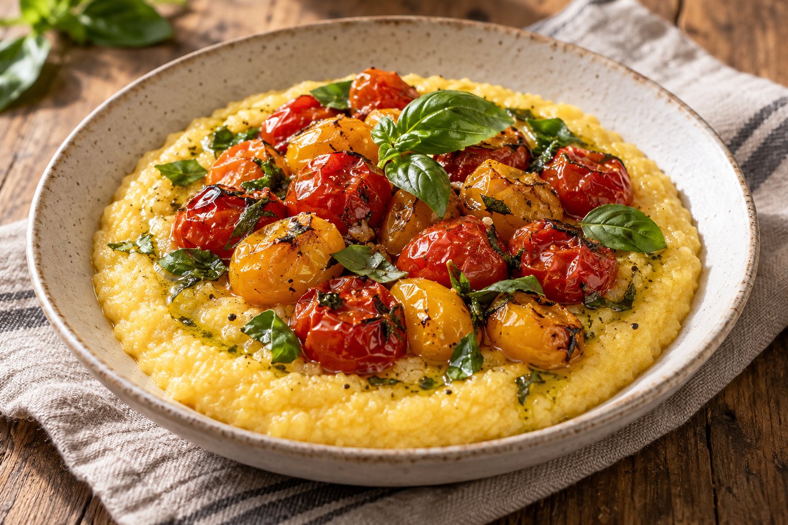 Krémová polenta s pečenými cherry paradajkami a bazalkou